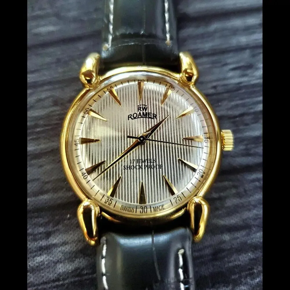 Rare Roamer‎ Brevete Swiss Mens Manual Watch Gld Cham Blk
